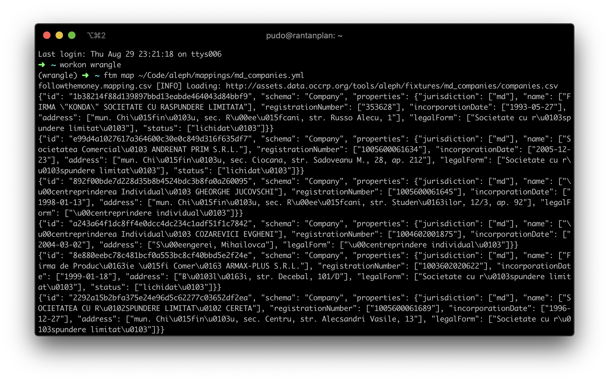 Screenshot of a terminal window. The terminal shows the output of the ftm map command to generate the Moldovan company data.